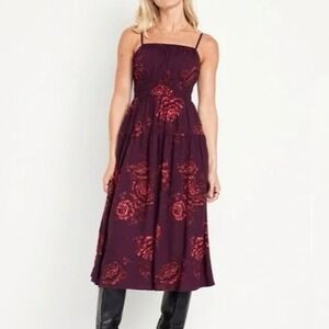 Old Navy Womens Waist Defined Cami Midi Dress Sz XL Burgundy Sleeveless Smocked